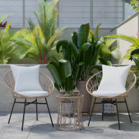 Flash Furniture TW-VN017-18-TAN-GG Devon 3-Piece Tan Indoor/Outdoor Bistro Set, Papasan Style Rattan Rope Chairs, Glass Top Side Table & Light Gray Cushions